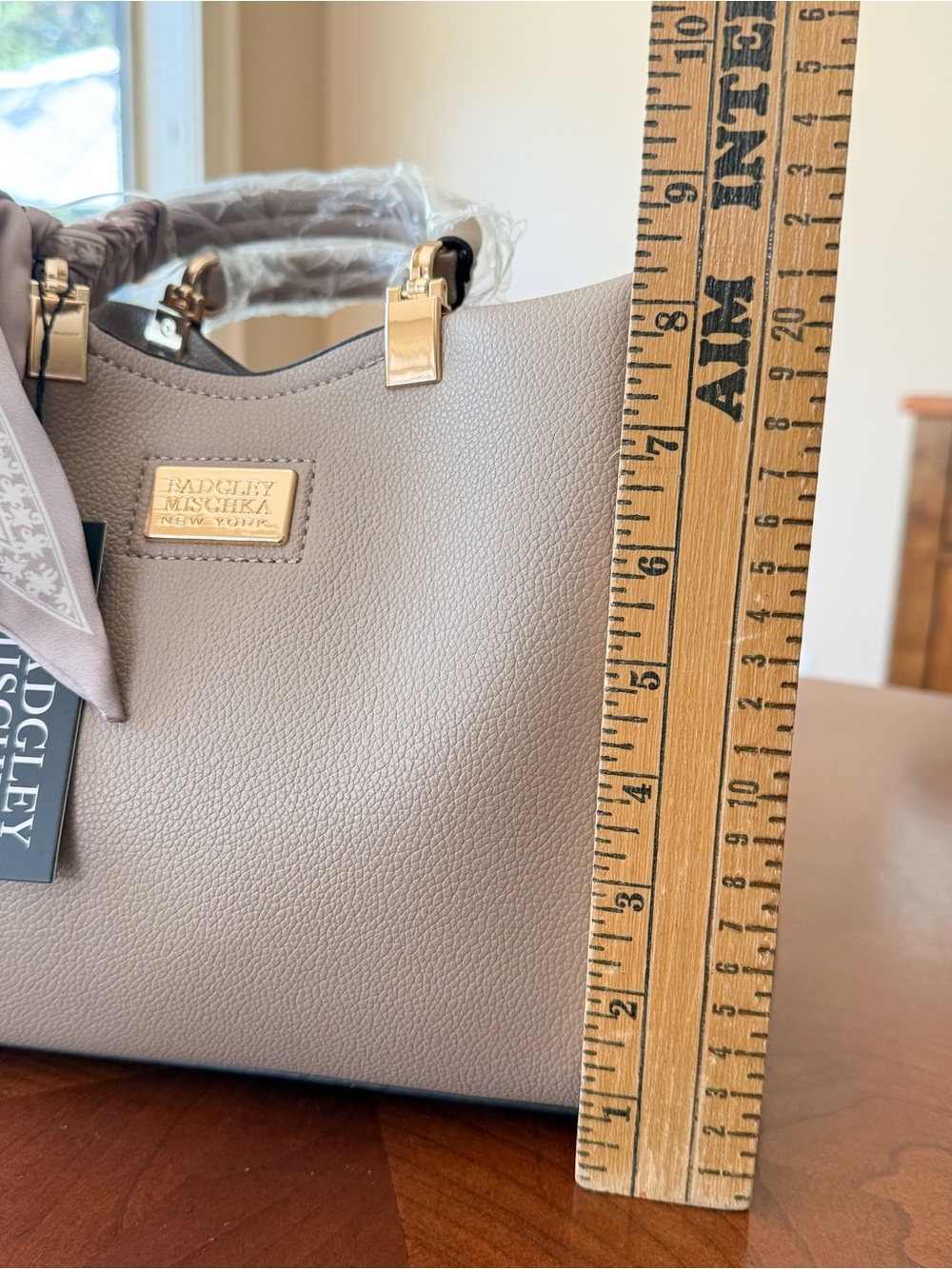 Badgley Mischka Taupe Satchel with Scarf Detail - Picture 8 of 10